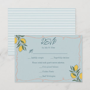 Italian Lemon Peach Stripe Blue Coastal Wedding RSVP Card
