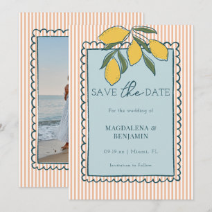 Italian Lemon Peach Stripe Blue Coastal Wedding Save The Date