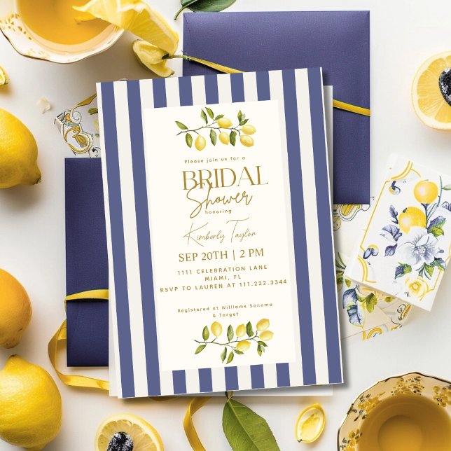 Italian Lemons Blue Striped Bridal Shower Invitation (Creator Uploaded)