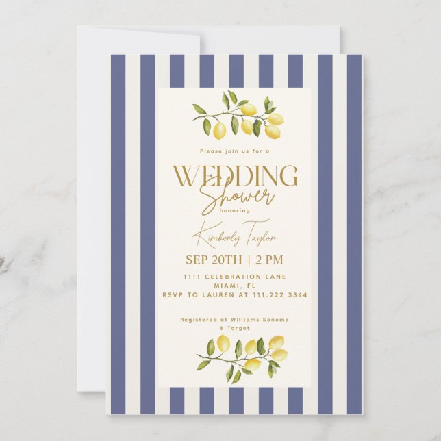 Italian Lemons Blue Striped Wedding Shower Invitation (Front)