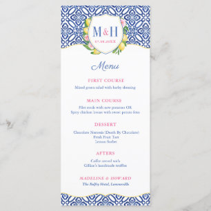 Italian Lemons Blue Tile Monogram Wedding Menu