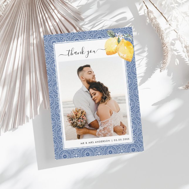 Italian Lemons Blue Tile Photo Destination Wedding Thank You Card (Creator Uploaded)