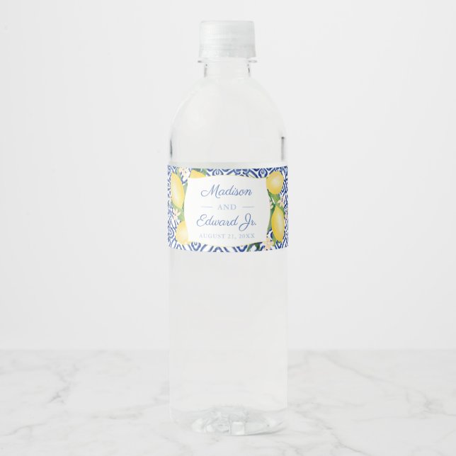 Italian Lemons Blue White Tile Bridal Shower Party Water Bottle Label (Front)