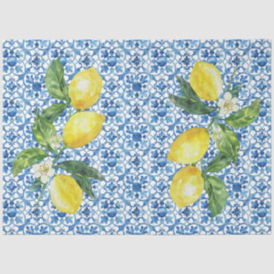 Italian Lemons Blue White Tile Decoupage  Tissue Paper