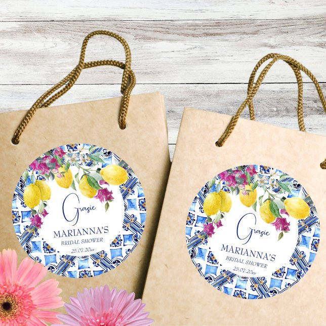 Italian lemons bougainvillea bridal shower favour classic round sticker (That's Amore Vintage Italian tile lemons bougainvillea bridal shower thank you favor printed sticker)
