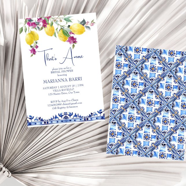 Italian lemons bougainvillea citrus bridal shower invitation (Italian maiolica lemons bougainvillea Mediterranean citrus bridal shower invitation template digital)