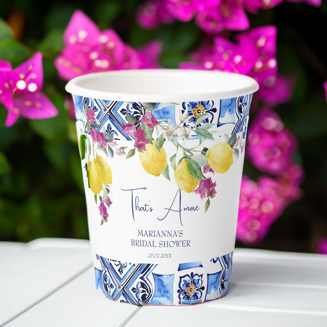Italian lemons bougainvillea citrus bridal shower paper cups (Italian maiolica blue tiles lemons bougainvillea citrus bridal shower personalized paper cups )