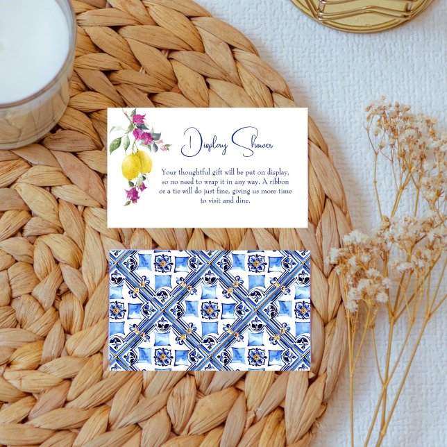 Italian lemons bougainvillea citrus display shower enclosure card (Vintage Italian maiolica blue tiles lemons bougainvillea citrus display shower enclosure card)