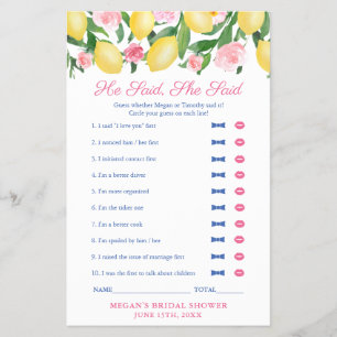 Italian Lemons He Said She Said Bridal Shower Game Flyer