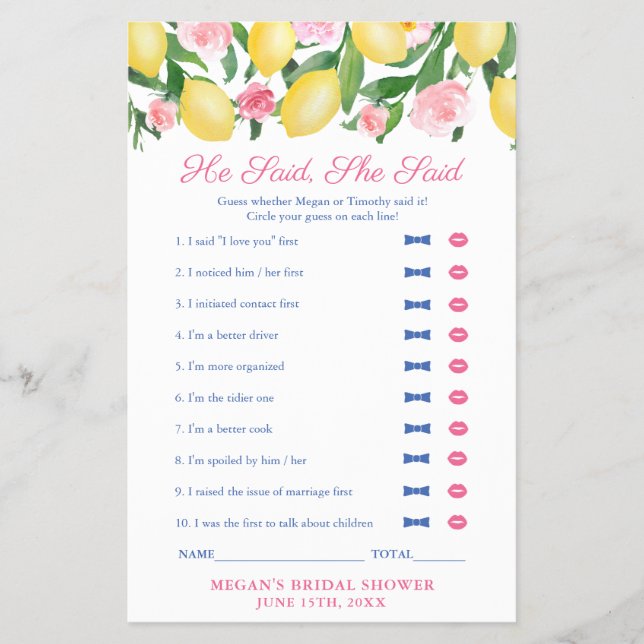 Italian Lemons He Said She Said Bridal Shower Game Flyer (Front)