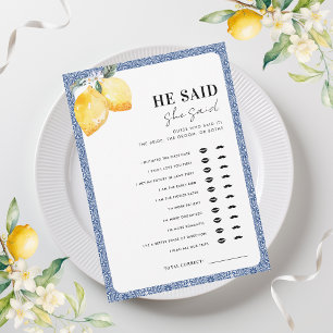 Italian Lemons He Said She Said Bridal Shower Game Invitation