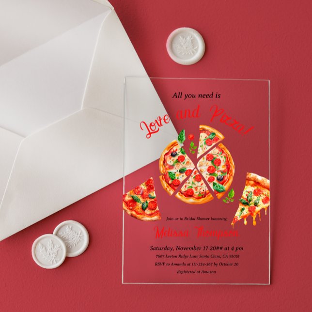 Italian Love & Pizza Party Slice Bridal Shower Acrylic Invitations (Creator Uploaded)