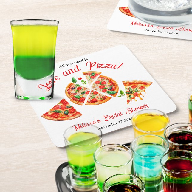 Italian Love & Pizza Party Slice Bridal Shower Square Paper Coaster (Creator Uploaded)