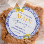 Italian Main Squeeze Bridal Shower Lemon  Classic Round Sticker<br><div class="desc">Add a fresh touch to your main squeeze bridal shower theme with this Personalised Yellow Blue Main Squeeze Bridal Shower Lemon Classic Round Sticker. Featuring bright lemons and elegant blue accents, this design is perfect for a main squeeze bridal shower lemon celebration. Ideal for a lemon bridal shower theme, these...</div>