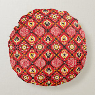 Italian Majolica: Embroidered Floral Tile. Round Cushion