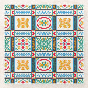 Italian Majolica Embroidery: Mediterranean Floral Glass Coaster