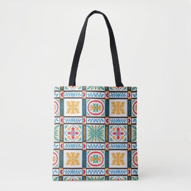 Italian Majolica Embroidery: Mediterranean Floral  Tote Bag (Front)