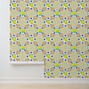 Italian Majolica Style Lemon Tile Pattern Wallpaper
