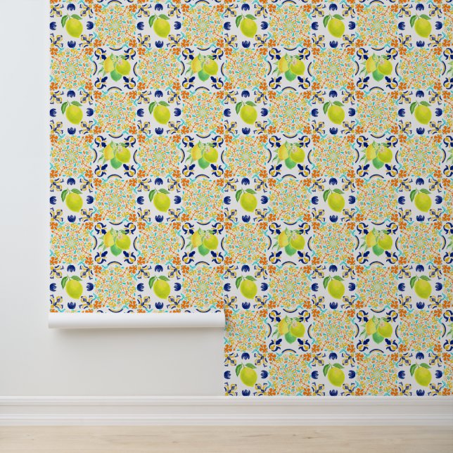 Italian Majolica Style Lemon Tile Pattern Wallpaper (Application)