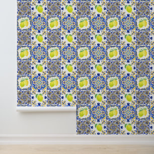 Italian Majolica Style Lemon Tile Pattern Wallpaper