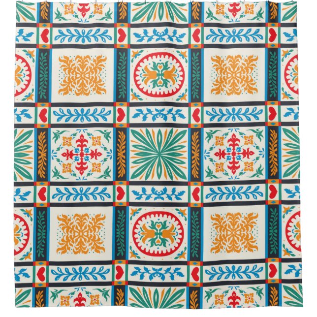 Italian majolica tile. Embroidery with flowers and Shower Curtain (Front)