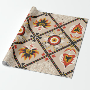 Italian majolica tile. Embroidery with flowers and Wrapping Paper