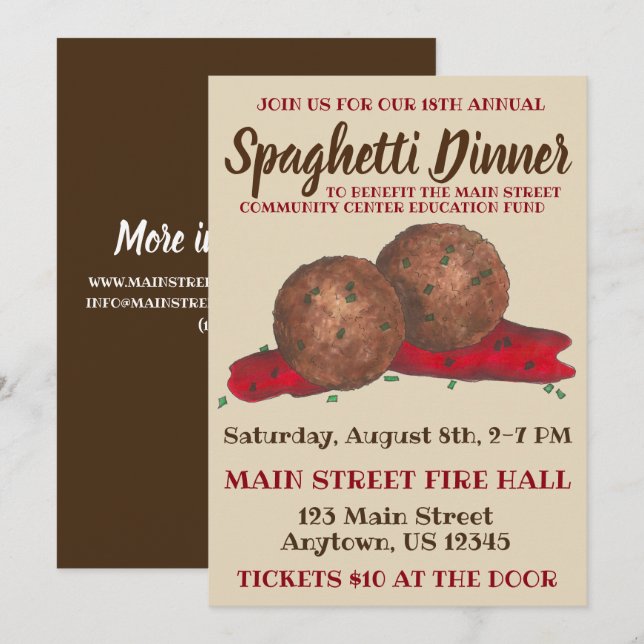 Italian Meatballs Spaghetti Dinner Charity Event Invitation (Front/Back)