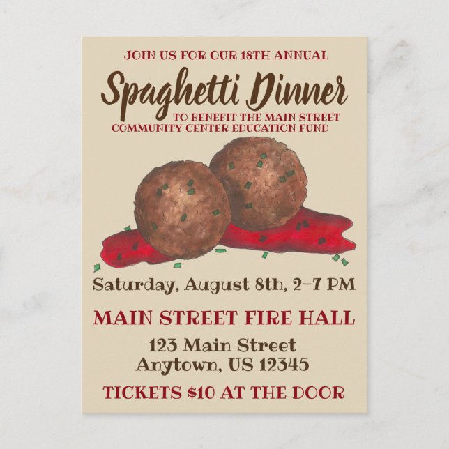Italian Meatballs Spaghetti Dinner Charity Event Invitation Postcard (Front)