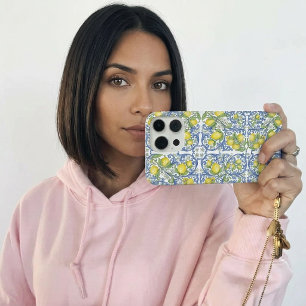 Italian Mediterranean Blue Tile Lemon Pattern iPhone 15 Pro Case