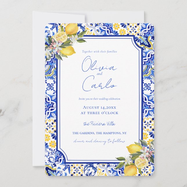Italian Mediterranean Tile & Lemon Wedding Holiday Card (Front)