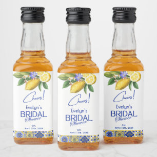 Italian Mosaic Blue Tile & Lemons Bridal Shower Liquor Bottle Label