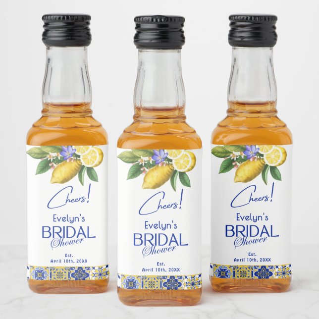 Italian Mosaic Blue Tile & Lemons Bridal Shower Liquor Bottle Label (Bottles)