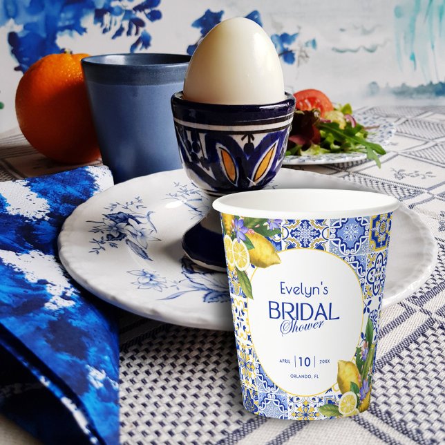 Italian Mosaic Blue Tile Lemons Bridal Shower Paper Cups (Creator Uploaded)
