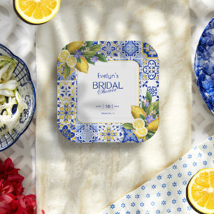 Italian Mosaic Blue Tile Lemons Bridal Shower Paper Plate