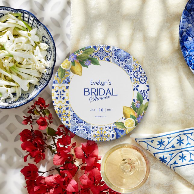 Italian Mosaic Blue Tile Lemons Bridal Shower Paper Plate (Creator Uploaded)