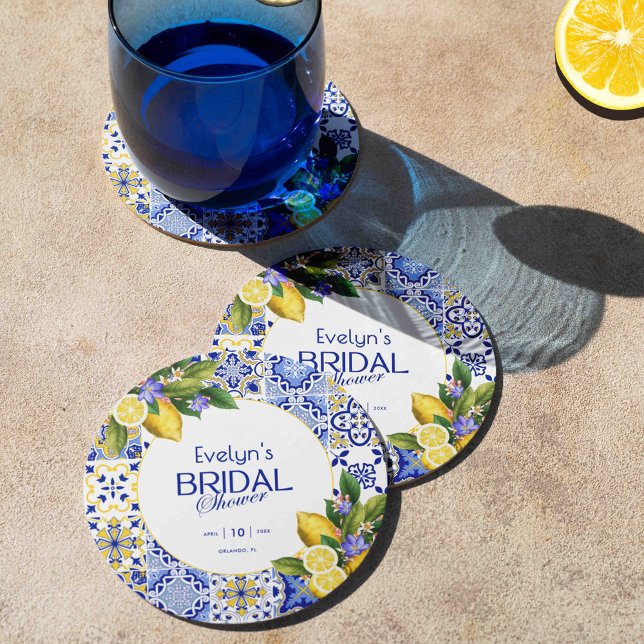 Italian Mosaic Blue Tile Lemons Bridal Shower Round Paper Coaster (Creator Uploaded)