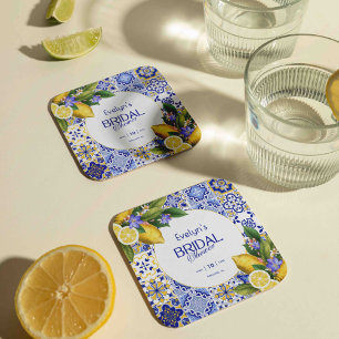 Italian Mosaic Blue Tile Lemons Bridal Shower Square Paper Coaster