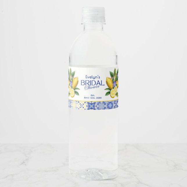 Italian Mosaic Blue Tile & Lemons Bridal Shower Water Bottle Label (Front)