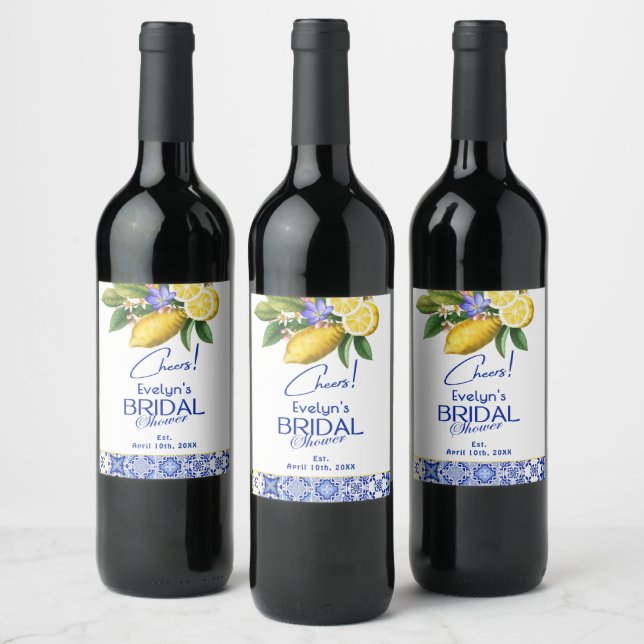 Italian Mosaic Blue Tile & Lemons Bridal Shower Wine Label (Bottles)
