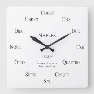 Italian Numbers Custom City Country Time Zones Square Wall Clock