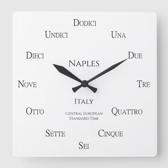 Italian Numbers Custom City Country Time Zones Square Wall Clock (Front)