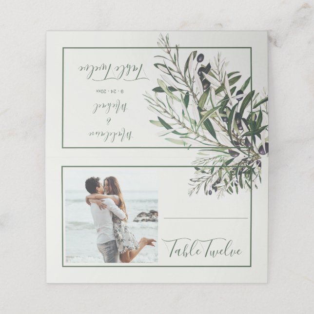 Italian Olive Branch Elegant Photo Table Number  Place Card (Outside Unfolded)