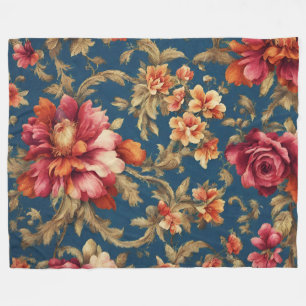 Italian Opulent Red, White Flowers Golden Leaves Fleece Blanket
