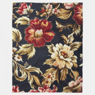 Italian Opulent Red, White Flowers Golden Leaves Fleece Blanket