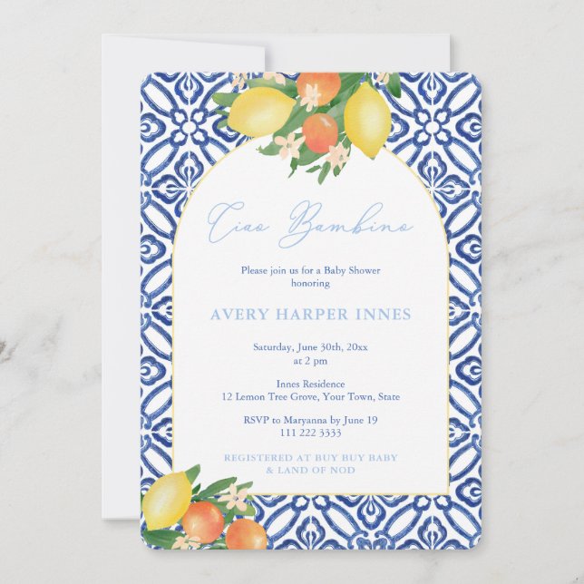 Italian Oranges and Lemons Baby Boy Shower Party Invitation (Front)