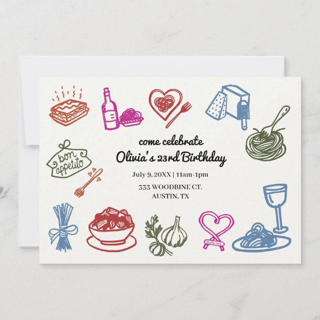 Italian Pasta Party Birthday Colourful Invitation (Front)