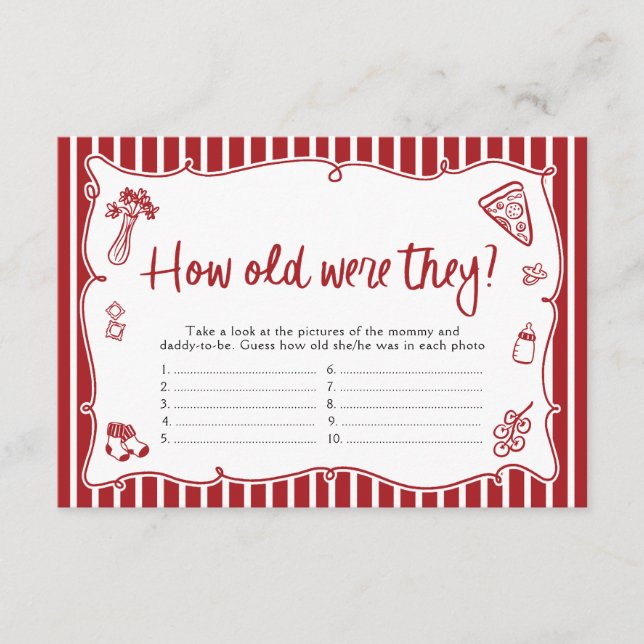 Italian Pizza How Old Were They Baby Shower Game Enclosure Card (Front)