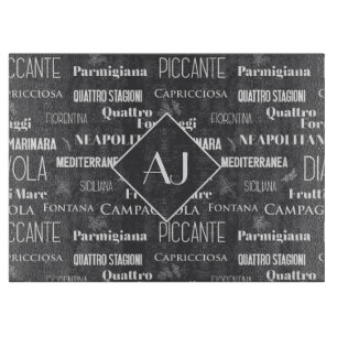 Italian Pizza Names Grey Monogrammed Cutting Board