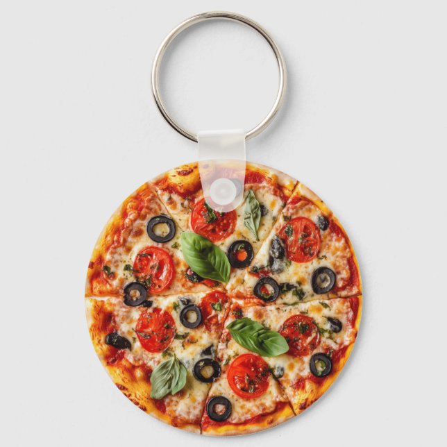 Italian pizza with tomatoes, olives, and basil key ring (Front)