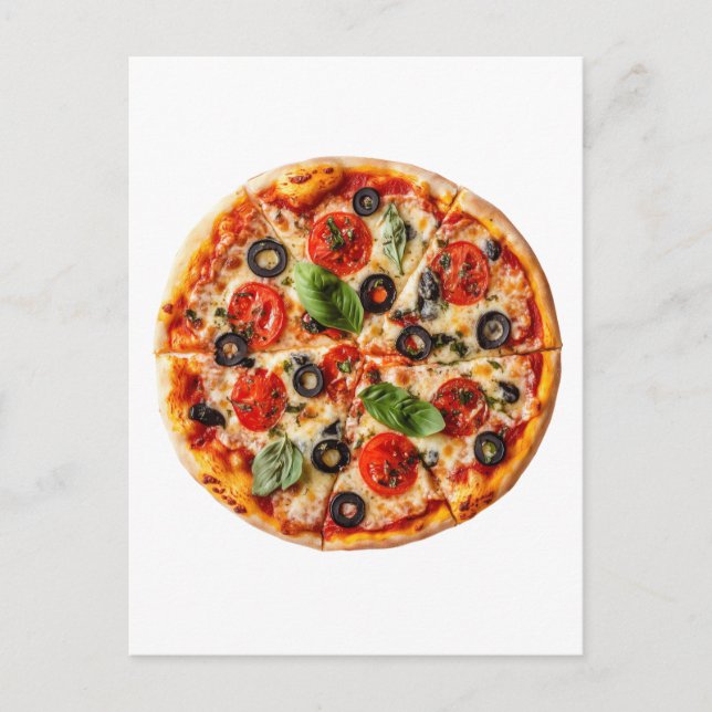 Italian pizza with tomatoes, olives, and basil postcard (Front)